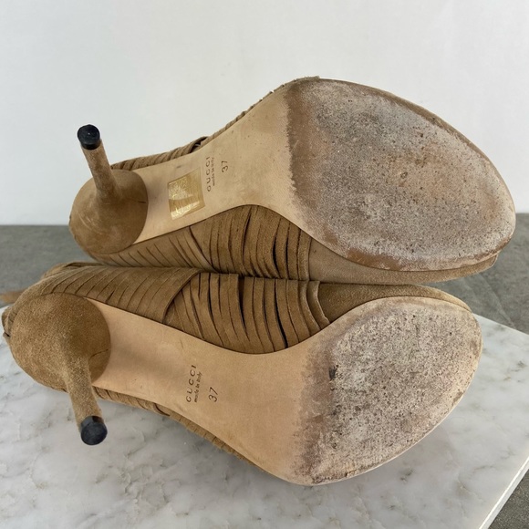 Gucci Tan Suede Fringe Open Toe Heeled Booties - Picture 11 of 12